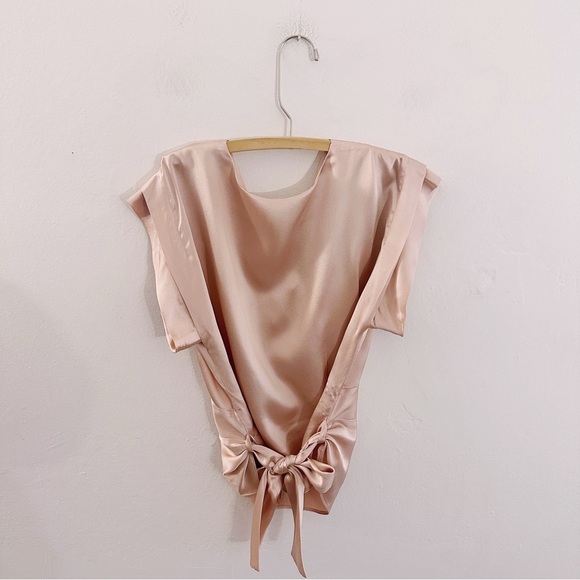 Anthropologie Odille Silk Satin Short Sleeve Blouse Bow Tie Top Baby Blush Pink - Picture 5 of 6